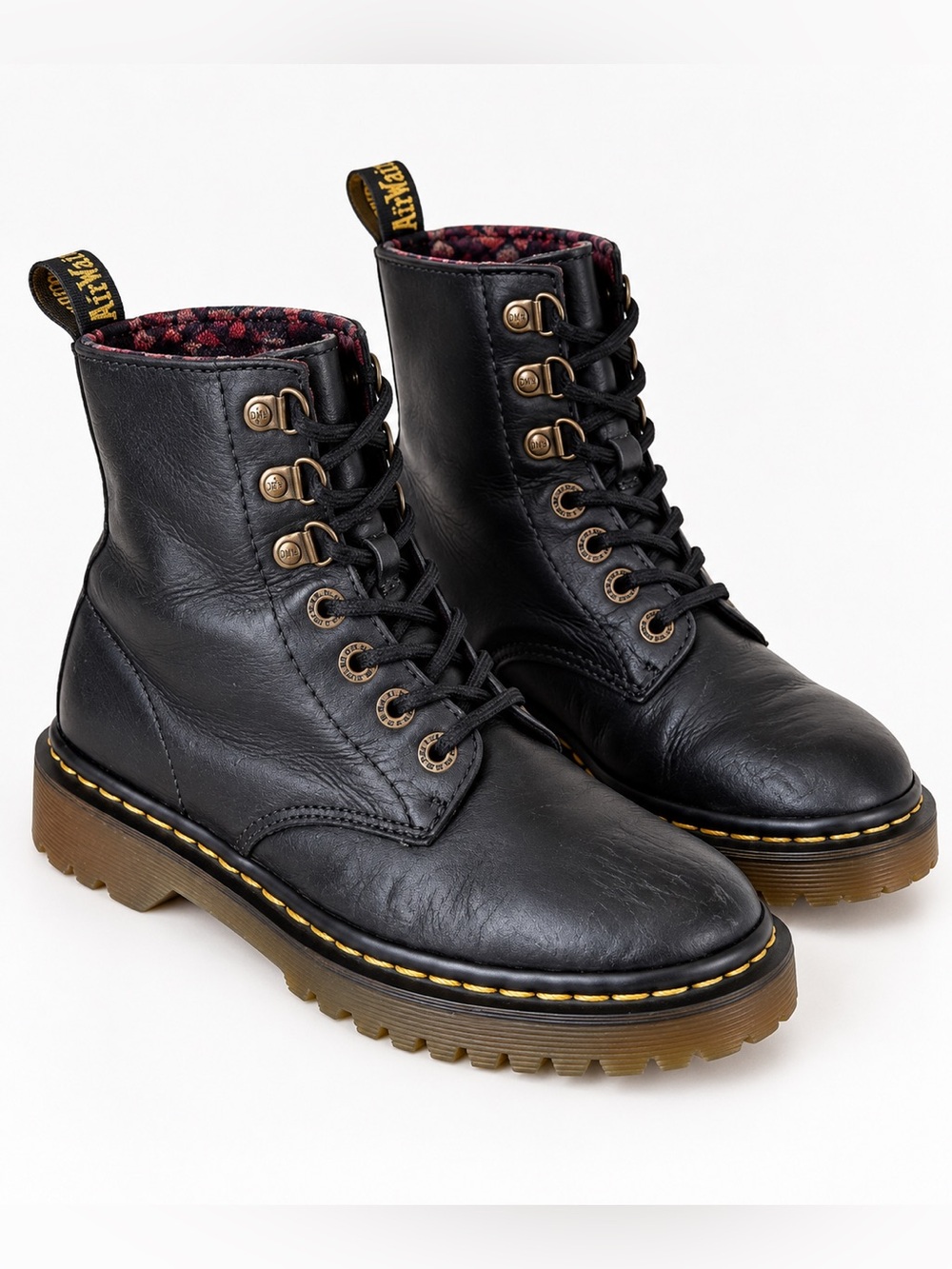 Dr. Martens Luana Black Leather Floral Lined Lace Up Combat Boots Women’s Size 7